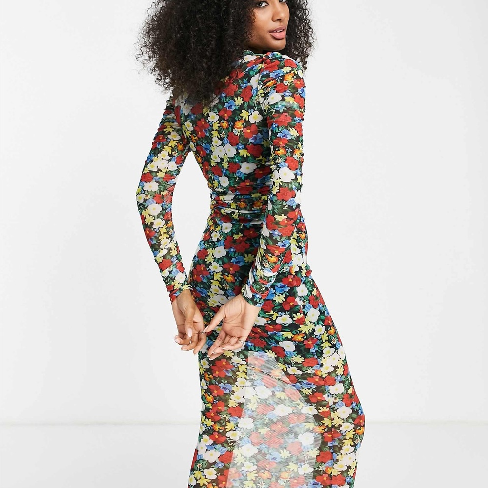 ASOS DESIGN long sleeve midi dress with ruching in bright floral mesh